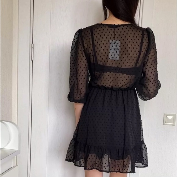 Black SwissDot Side Tie Ruffle Mini Jumpsuit Dress - Picture 12 of 13